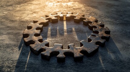 Poster - Close-up view of a rusted gear on a textured surface with dramatic shadows during sunset