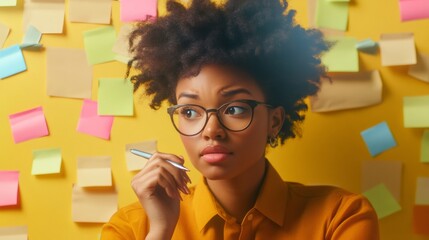Poster - Young professional surrounded by colorful sticky notes, symbolizing multitasking and stress management. The scene conveys the chaos of meeting deadlines and organizing tasks efficiently