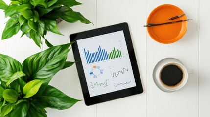 Poster - Tablet displaying colorful graphs and charts on a table with coffee and plants nearby