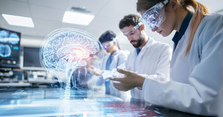 Aufkleber - Interns are engaged in a laboratory setting, studying brain health through advanced technology. They analyze data and work together to enhance their medical knowledge and skills in real-time.