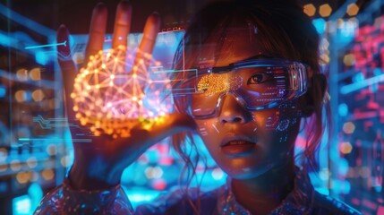 Poster - A young researcher stands in a high tech laboratory, gazing at a glowing holographic brain projection while colorful lights illuminate the surroundings, emphasizing her focus on innovation.
