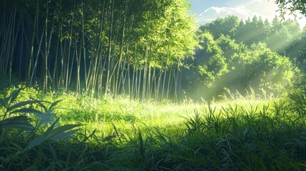 Wall Mural - Sunbeams illuminate lush bamboo forest.