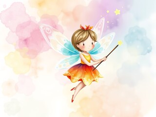 Wall Mural - Enchanting Little Fairy in a Magical Forest Holding a Sparkling Wand Surrounded by Glowing Light