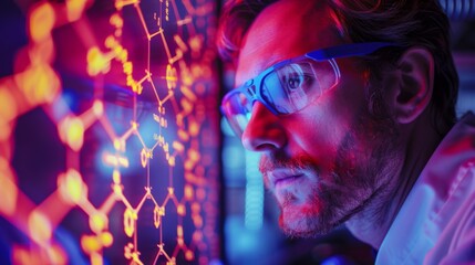 Aufkleber - A scientist with glasses studies intricate molecular structures illuminated by vibrant colors in a high tech laboratory environment, focused on groundbreaking research.