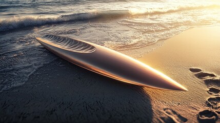 Canvas Print - Golden surfboard on sandy beach at sunset.