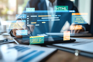 a software developer focuses on coding tasks using a tablet, surrounded by graphic representations o
