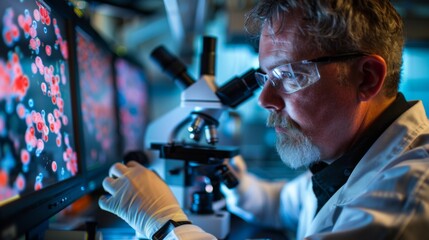 Poster - A scientist in a lab coat focuses intently on samples using a microscope. Surrounding screens display detailed cellular images. The environment is illuminated with a cool blue light.
