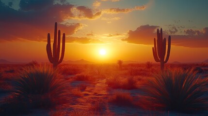 Wall Mural - Desert sunset cacti landscape, travel poster