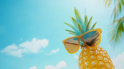 Summer Vibes: A sunny pineapple wearing sunglasses, capturing the essence of relaxation and vacation under a bright blue sky and fluffy clouds, evoking the joyful spirit of a tropical getaway.