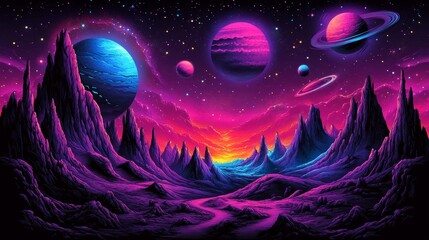 pixelated celestial panorama showcases distant planets and cosmic skies with ethereal landscapes fan