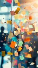 Aufkleber - Vibrant sticky notes scatter across a glass surface, symbolizing multitasking and time management challenges. The scene conveys a sense of chaos and stress in a busy work environment