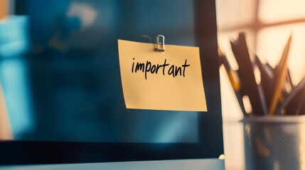 Aufkleber - Sticky note on a computer screen emphasizes the importance of time management and multitasking in a chaotic work environment, highlighting the stress of meeting deadlines effectively