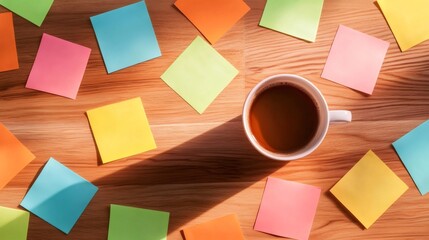 Aufkleber - Cup of coffee sits surrounded by colorful sticky notes on a wooden desk, symbolizing multitasking, time management, and the stress of meeting work deadlines in a chaotic environment