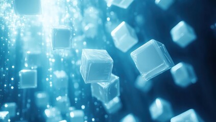 Wall Mural - Abstract blue glowing cubes falling in dark space.
