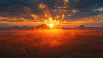 Wall Mural - Fiery sunrise over misty savanna, hills background, nature scene