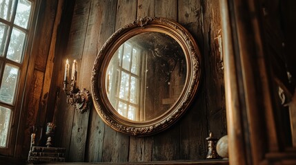 Poster - Antique round mirror on rustic wooden wall with candles.