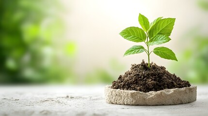 Poster - closeup of a single young tree sapling with fresh green leaves growing on a clean white backdrop rep