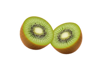 Poster - Halved kiwi fruit flying in the air isolated on white background, front angled view, no depth of field, sharp
