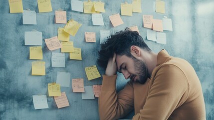 Aufkleber - Stressed professional leans against a wall covered in sticky notes, symbolizing chaos and multitasking challenges in a fast paced work environment
