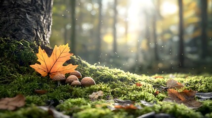 Poster - Vibrant moss covered forest floor filled with a diverse array of small mushrooms leaves and other lush vegetation captured against a clean white background