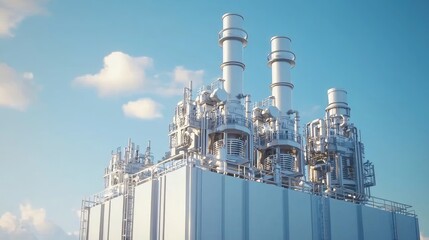 Poster - Industrial Power Plant with Three Cooling Towers Against Blue Sky