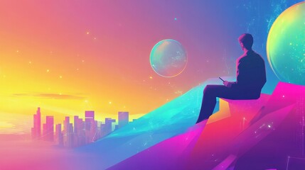 Poster - a silhouette of a person sitting on a vibrant mountain, overlooking a futuristic cityscape at sunset