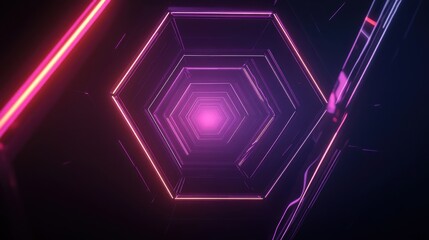 Poster - Colorful Neon Hexagon Tunnel with Glowing Light Effects