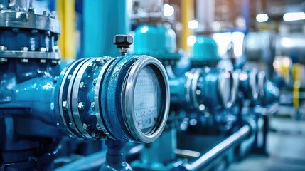 Poster - Industrial Water Pump Station with Pressure Gauges and Pipes