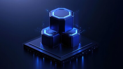 Poster - Futuristic Blue Neon Blocks on Dark Surface with Glowing Effects