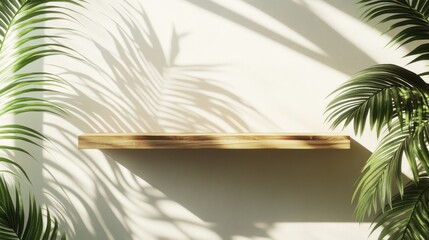 Poster - Wooden Shelf Against Wall with Green Leaves and Shadow Play