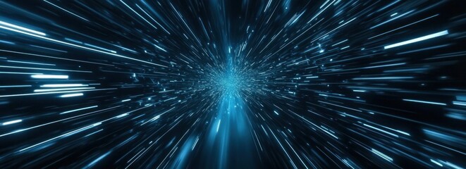 Wall Mural - Abstract blue light streaks converging at vanishing point.
