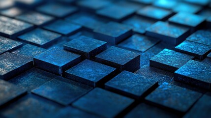 Poster - Abstract Blue Textured Square Blocks with Dark Shadows and Light