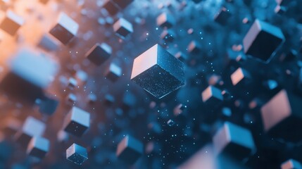 Poster - Abstract Floating Cubes in a Glittering Blue Environment