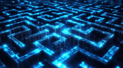 Poster - Futuristic Digital Maze with Glowing Blue Lines and Patterns