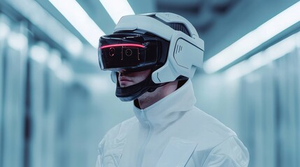 Poster - Smart Helmet technology smart features concept. A futuristic figure wearing a sleek VR helmet stands in a modern, illuminated corridor, embodying advanced technology and digital exploration.