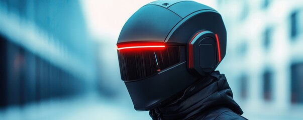 Poster - Smart Helmet technology smart features concept. A futuristic helmeted figure stands against a modern backdrop, featuring sleek lines and a glowing red visor, evoking a sci-fi aesthetic.