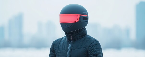 Poster - Smart Helmet technology smart features concept. A futuristic figure in a black helmet with a bright visor, wearing a dark jacket, stands against a snowy urban backdrop.