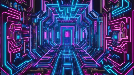 Poster - Futuristic Neon Corridor with Glowing Lines and Tech Elements