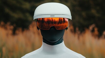 Poster - Smart Helmet technology smart features concept. A futuristic figure wearing a sleek helmet and reflective visor stands against a backdrop of tall grass, embodying a blend of technology and nature.