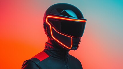 Poster - Smart Helmet technology smart features concept. A futuristic figure in a sleek black helmet with glowing accents stands against a vibrant gradient background.