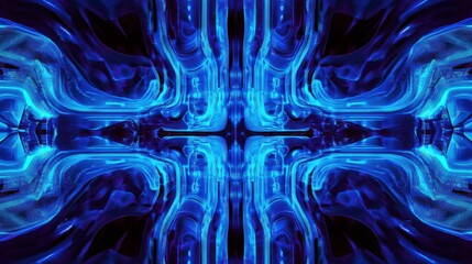 Poster - Abstract Blue Light Waves Creating Symmetrical Patterns in Space