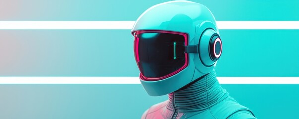 Poster - Smart Helmet technology smart features concept. A futuristic robot in a sleek helmet stands against a vibrant background, showcasing a blend of technology and style.