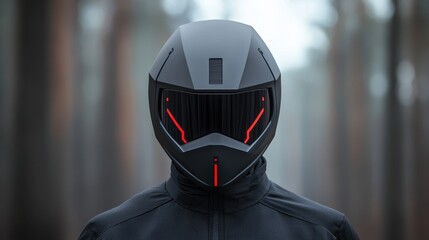 Poster - Smart Helmet technology smart features concept. A futuristic helmeted figure stands in a dense forest, exuding a sleek, high-tech vibe, illuminated by striking red accents against a muted backdrop.