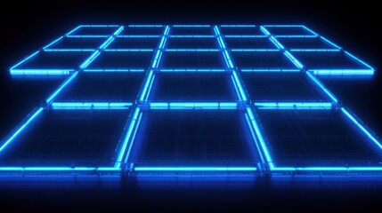 Poster - Futuristic Glowing Grid with Neon Blue Lines on Dark Background