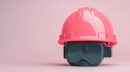 Poster - Smart Helmet technology smart features concept. A pink hard hat and a virtual reality headset are placed together against a soft pink background, symbolizing safety and technology in construction.