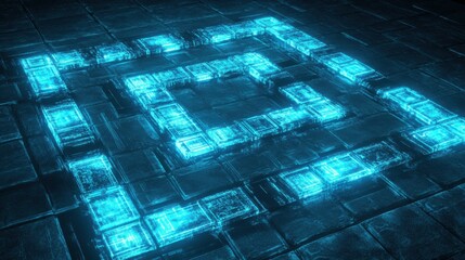 Poster - Glowing Neon Square Pattern on Dark Textured Floor