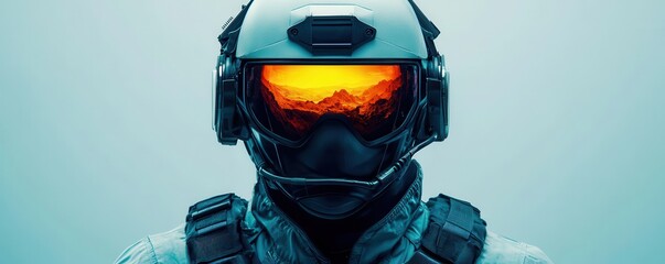 Poster - Smart Helmet technology smart features concept. A futuristic soldier in a high-tech helmet with a reflective visor showcasing a vibrant orange landscape.
