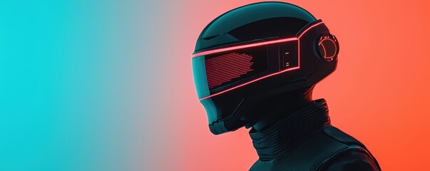 Poster - Smart Helmet technology smart features concept. A futuristic helmeted figure stands in profile against a vibrant blue and orange background, embodying a blend of technology and style.