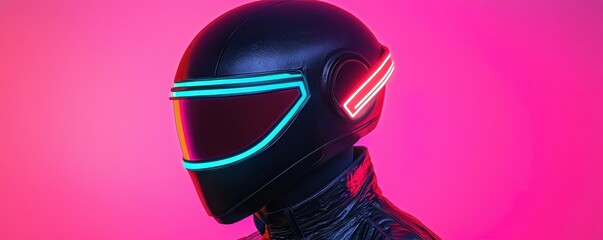 Poster - Smart Helmet technology smart features concept. A sleek, futuristic helmet with glowing neon accents against a vibrant pink background, embodying a modern sci-fi aesthetic.