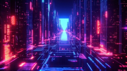 Poster - Futuristic Digital Corridor with Glowing Neon Lights and Technology
